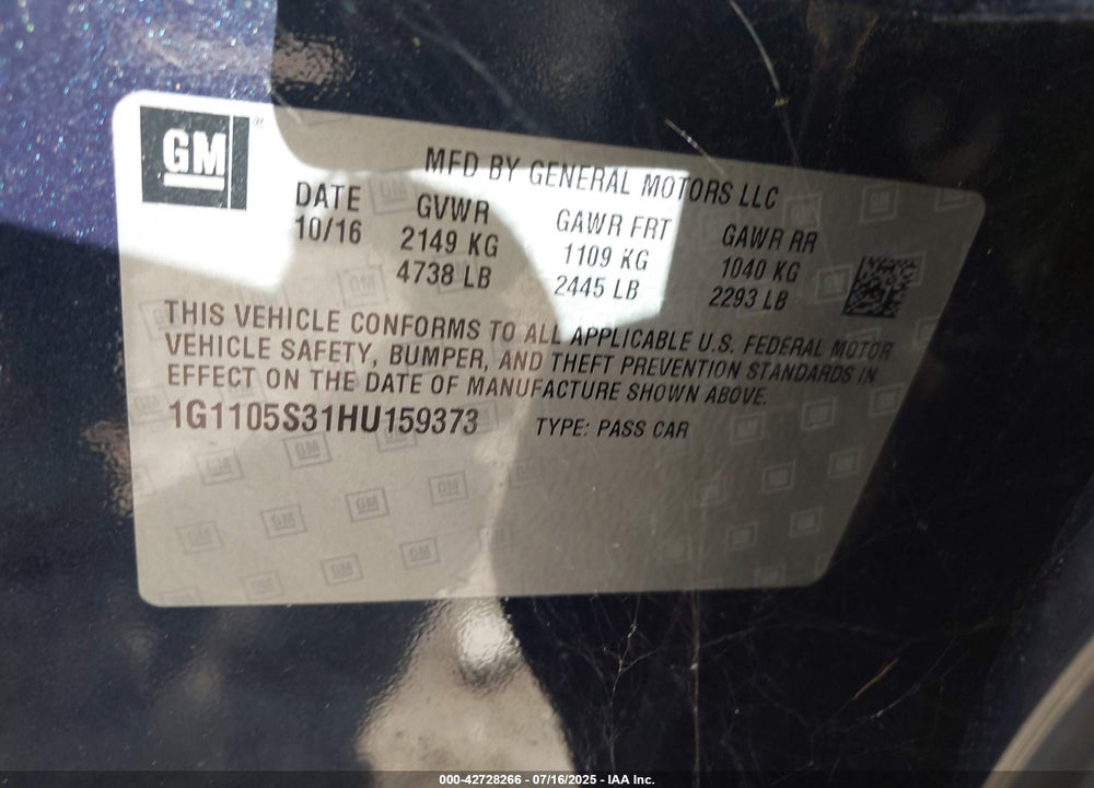 2017 CHEVROLET IMPALA VIN: 1G1105S31HU159373