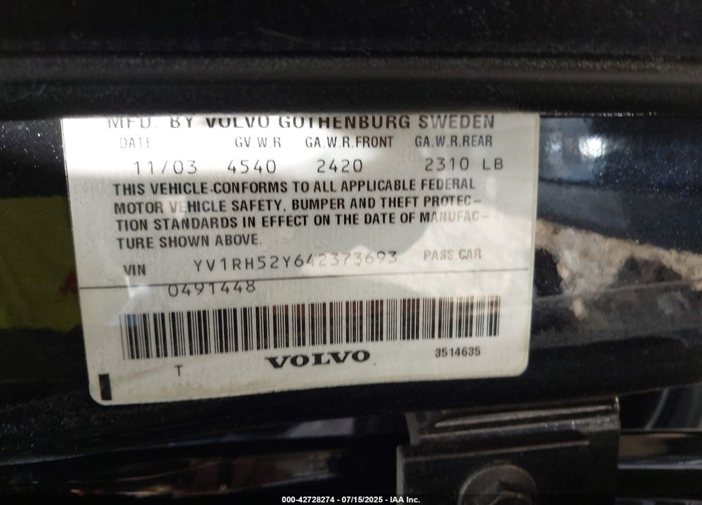 2004 VOLVO S60 R VIN: YV1RH52Y642373693