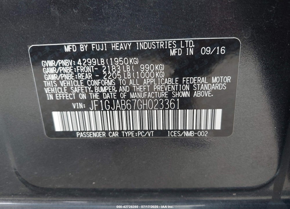 2016 SUBARU IMPREZA 2.0I PREMIUM VIN: JF1GJAB67GH023361