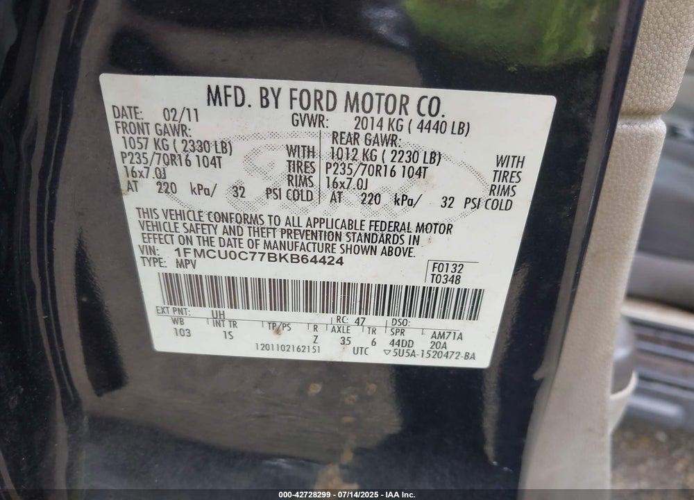 2011 FORD ESCAPE VIN: 1FMCU0C77BKB64424