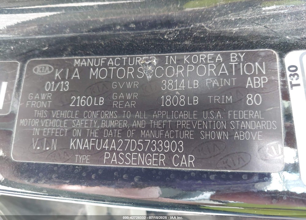 2013 KIA FORTE VIN: KNAFU4A27D5733903