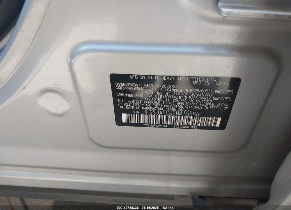 2014 SUBARU FORESTER VIN: JF2SJAEC9EH419568
