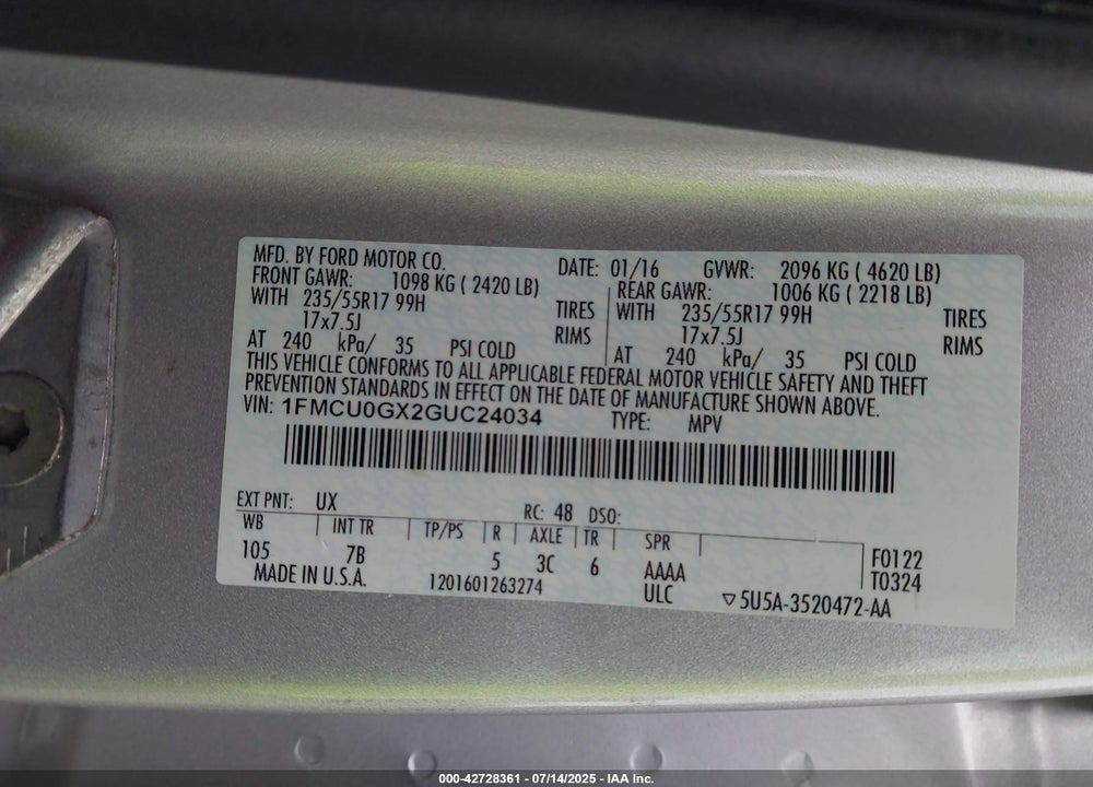 2016 FORD ESCAPE VIN: 1FMCU0GX2GUC24034