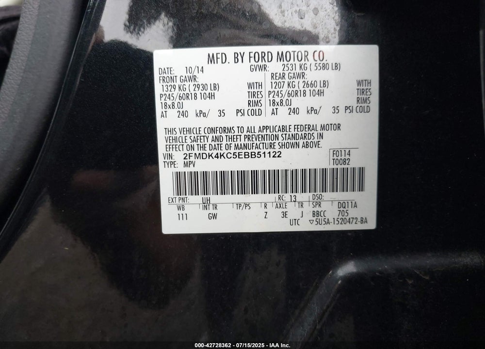 2014 FORD EDGE VIN: 2FMDK4KC5EBB51122