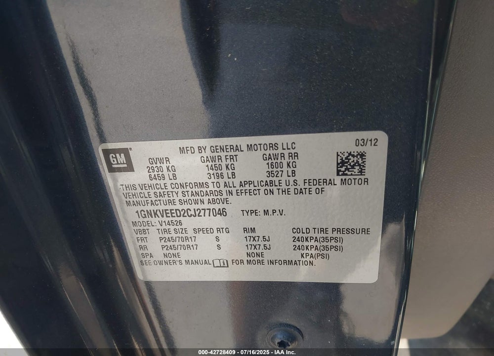 2012 CHEVROLET TRAVERSE VIN: 1GNKVEED2CJ277046