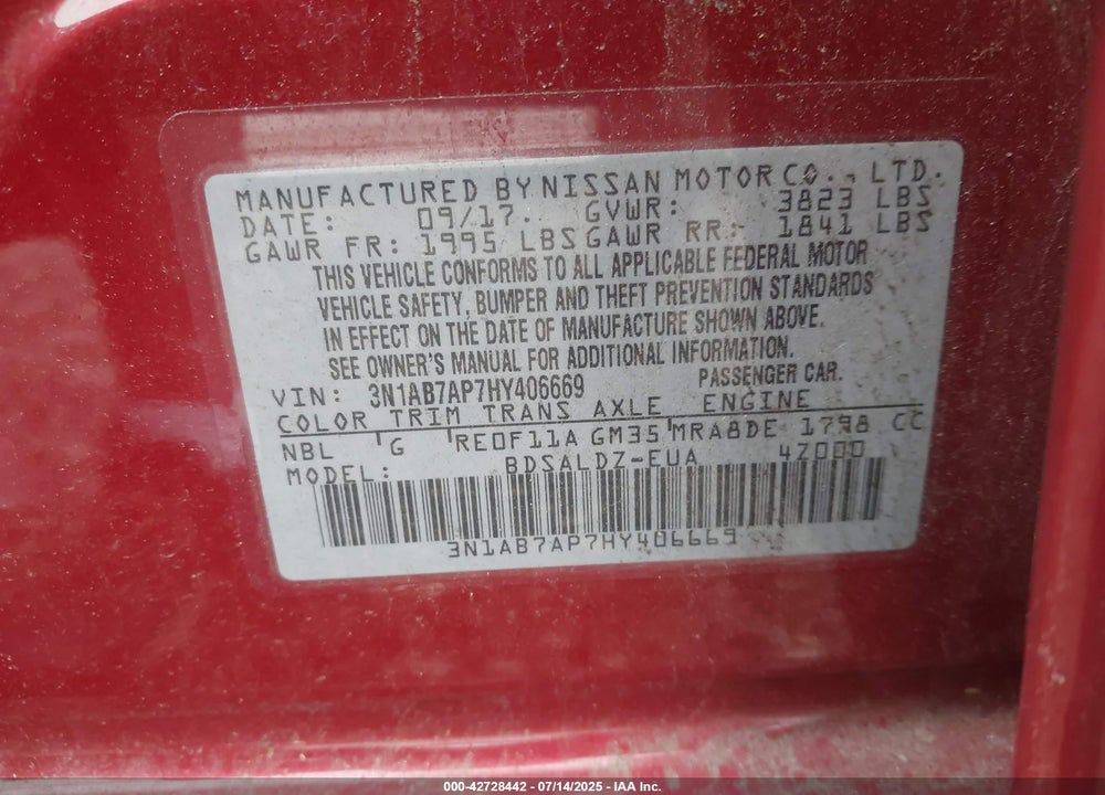 2017 NISSAN SENTRA VIN: 3N1AB7AP7HY406669