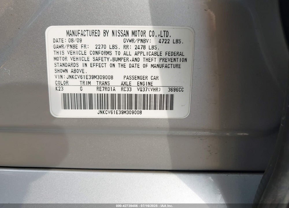2009 INFINITI G37 VIN: JNKCV61E39M309008