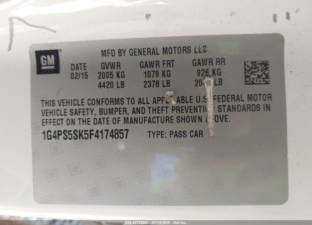 2015 BUICK VERANO VIN: 1G4PS5SK5F4174857