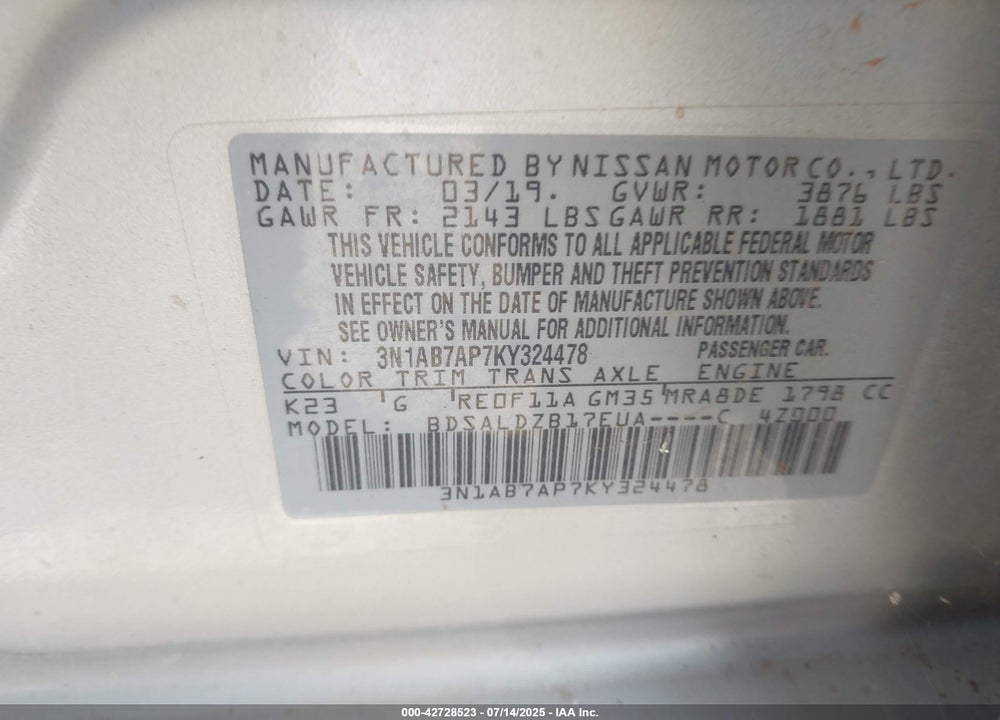 2019 NISSAN SENTRA VIN: 3N1AB7AP7KY324478