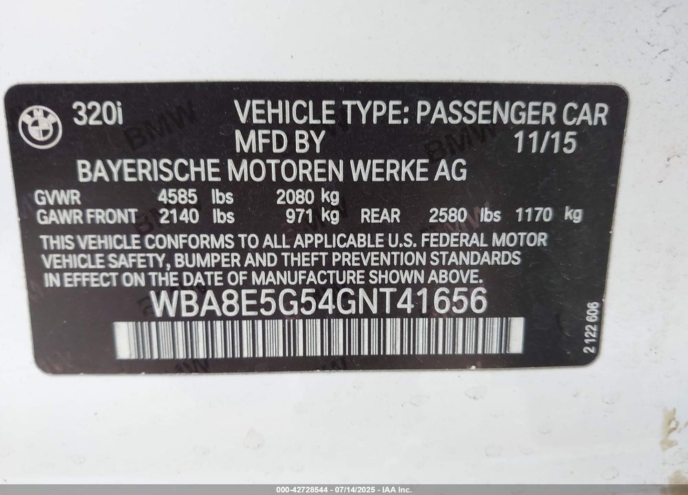 2016 BMW 3 SERIES VIN: WBA8E5G54GNT41656