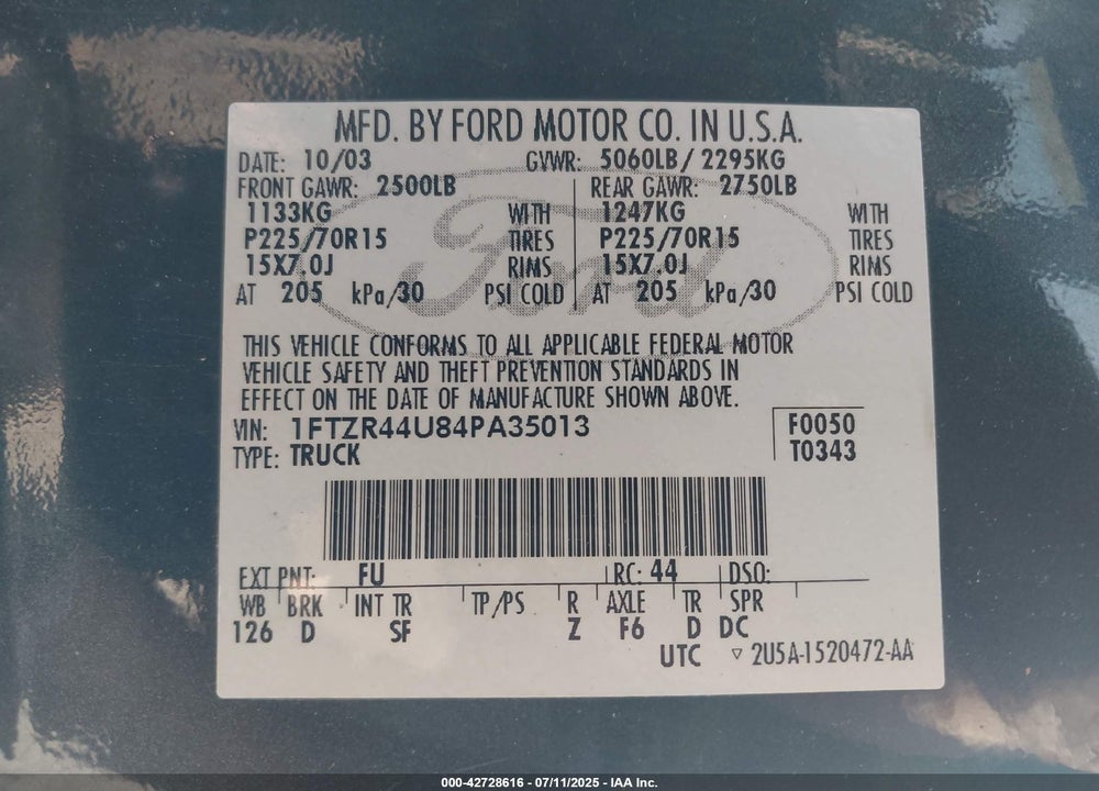 2004 FORD RANGER EDGE/TREMOR/XLT VIN: 1FTZR44U84PA35013