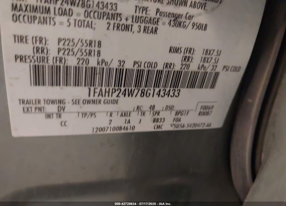 2008 FORD TAURUS VIN: 1FAHP24W78G143433