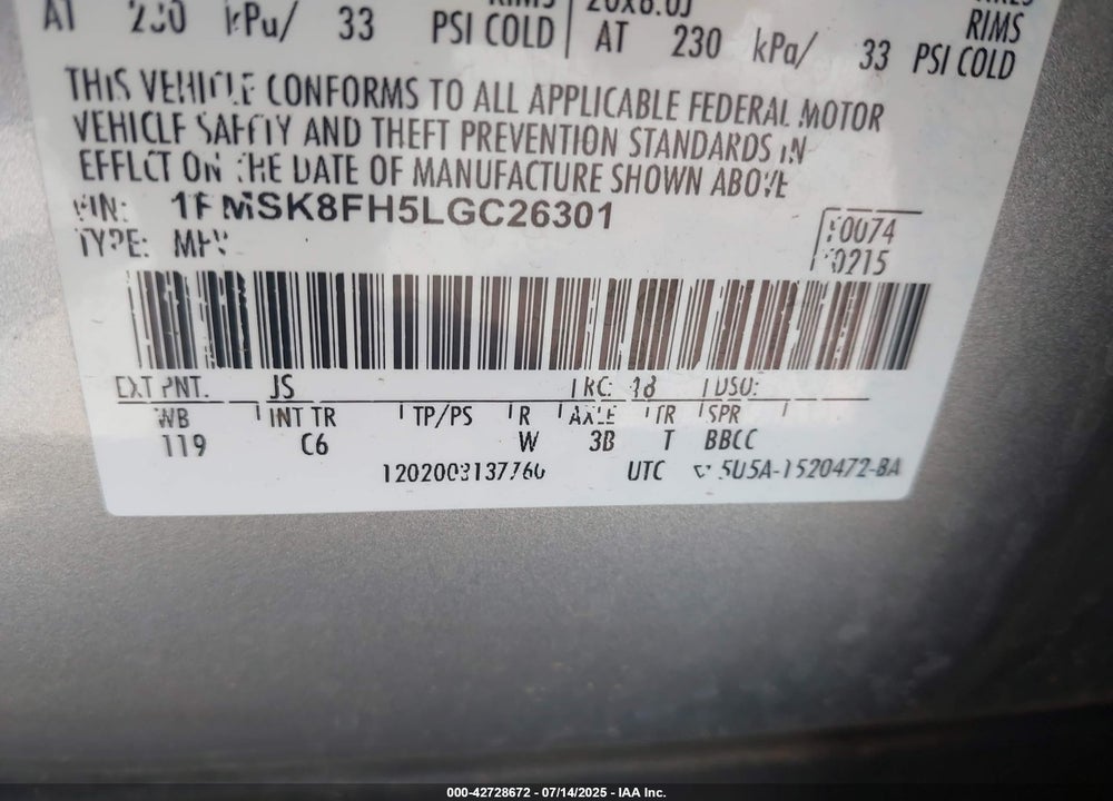 2020 FORD EXPLORER LIMITED VIN: 1FMSK8FH5LGC26301