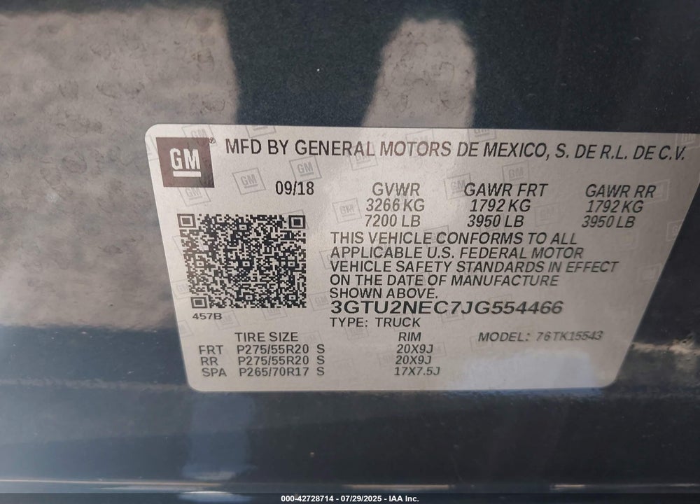 2018 GMC SIERRA 1500 VIN: 3GTU2NEC7JG554466