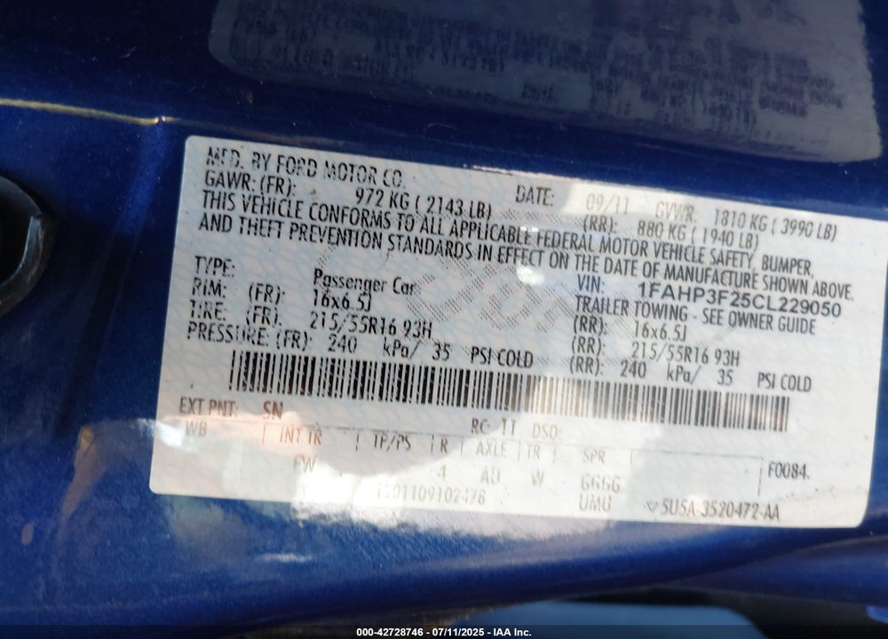 2012 FORD FOCUS VIN: 1FAHP3F25CL229050