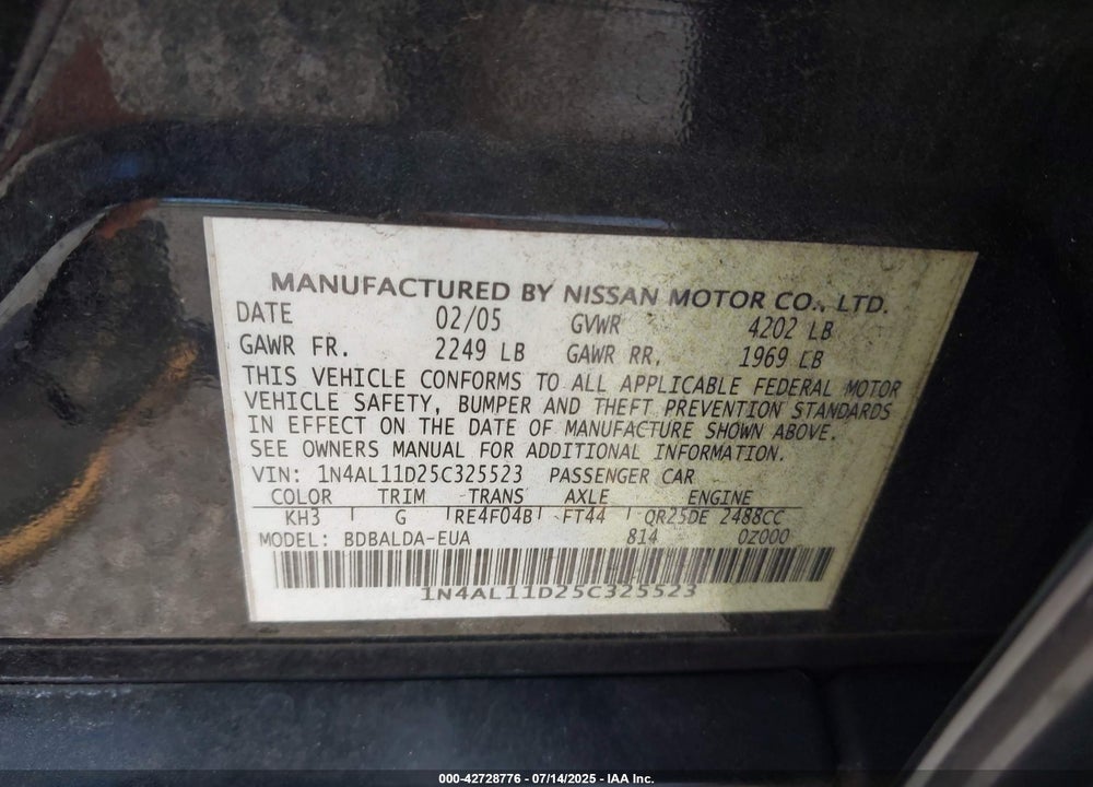2005 NISSAN ALTIMA 2.5 S VIN: 1N4AL11D25C325523