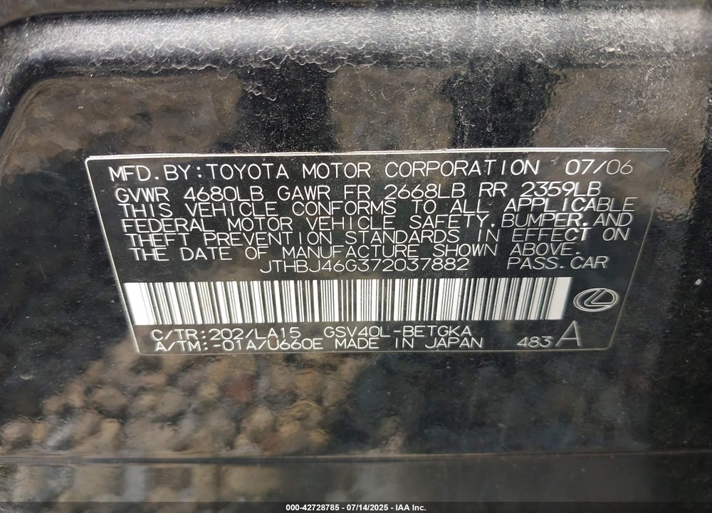 2007 LEXUS ES 350 VIN: JTHBJ46G372037882