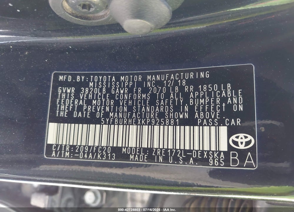 2019 TOYOTA COROLLA VIN: 5YFBURHEXKP925881