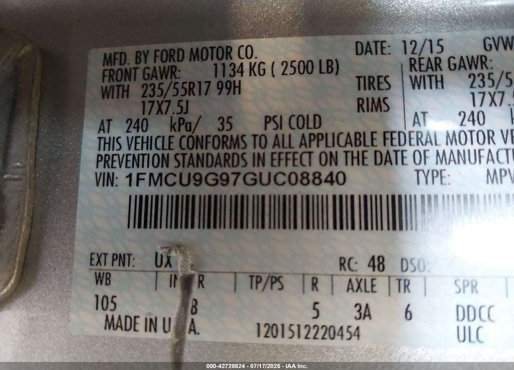 2016 FORD ESCAPE VIN: 1FMCU9G97GUC08840