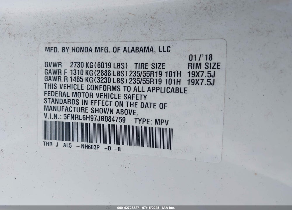 2018 HONDA ODYSSEY ELITE VIN: 5FNRL6H97JB084759