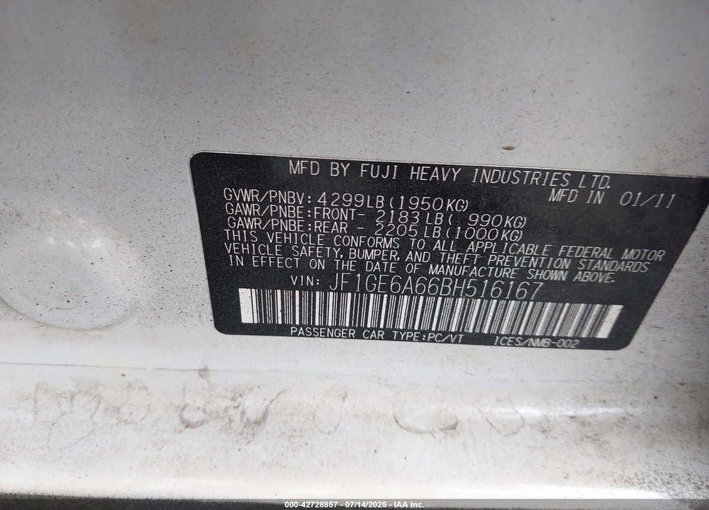 2011 SUBARU IMPREZA VIN: JF1GE6A66BH516167