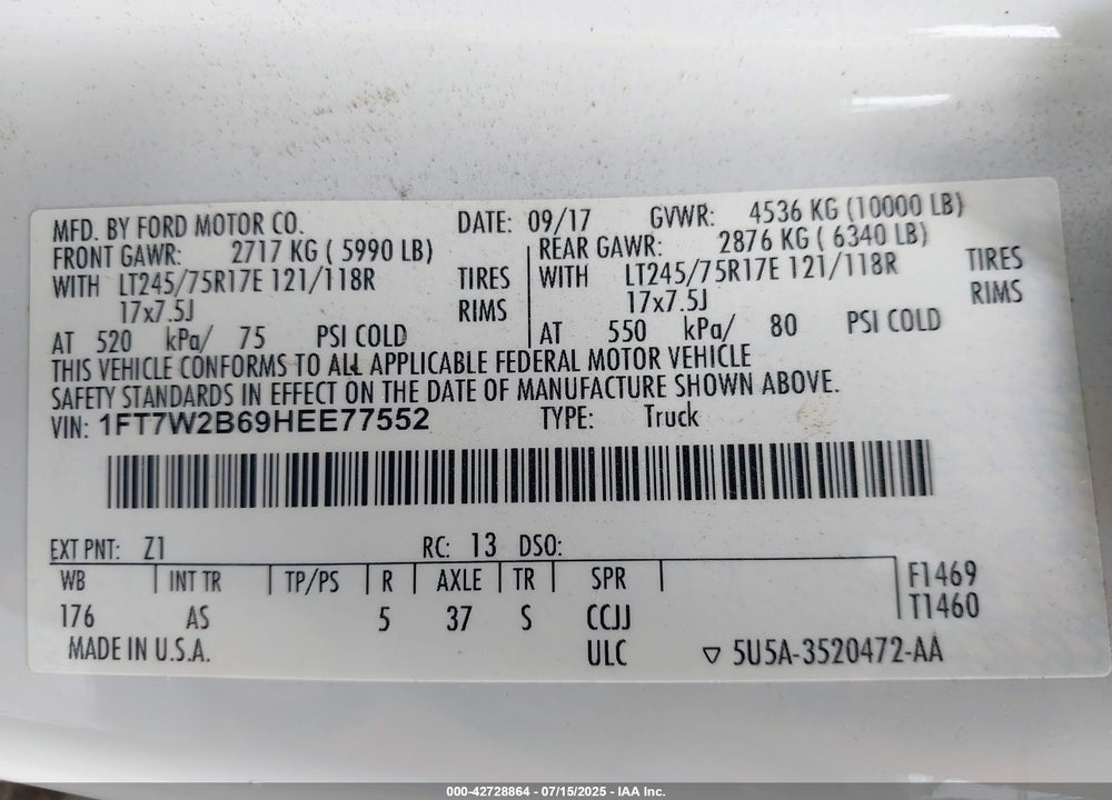 2017 FORD F-250 XL VIN: 1FT7W2B69HEE77552