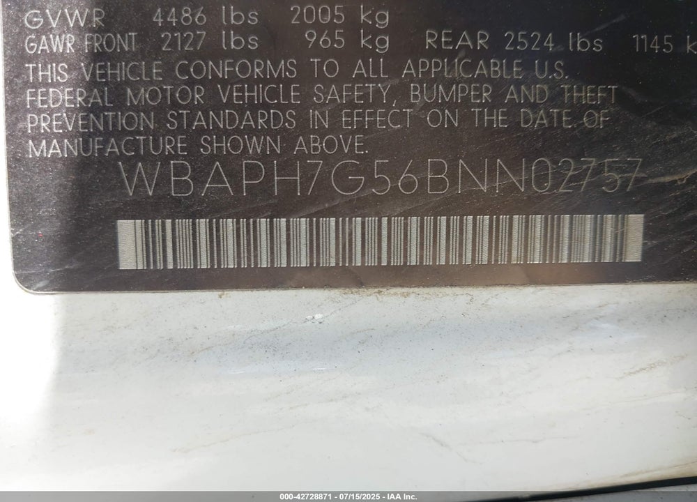 2011 BMW 3 SERIES VIN: WBAPH7G56BNN02757