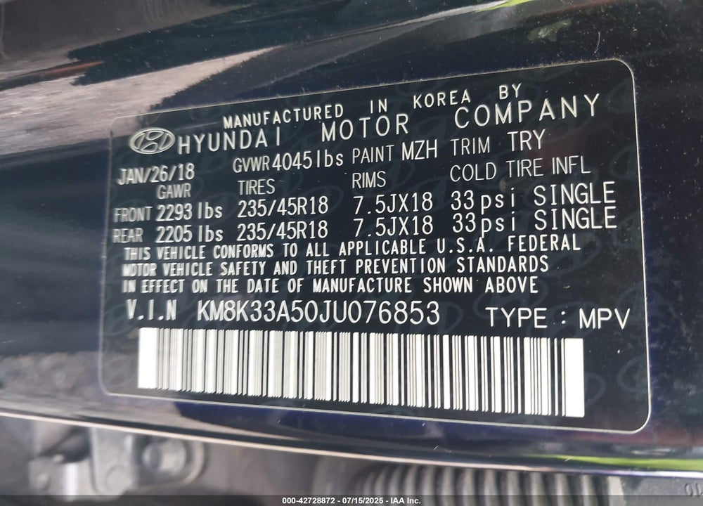 2018 HYUNDAI KONA VIN: KM8K33A50JU076853