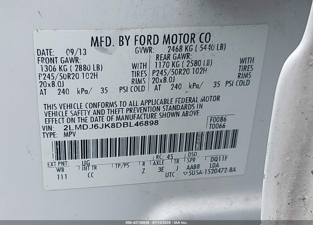 2013 LINCOLN MKX VIN: 2LMDJ6JK8DBL46898