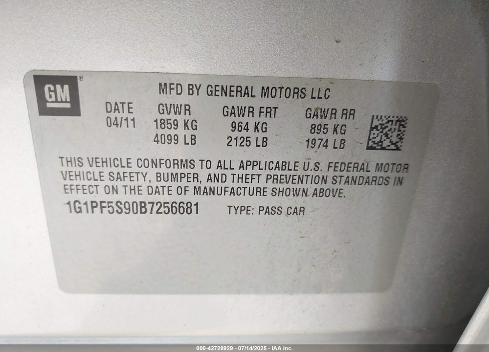 2011 CHEVROLET CRUZE VIN: 1G1PF5S90B7256681