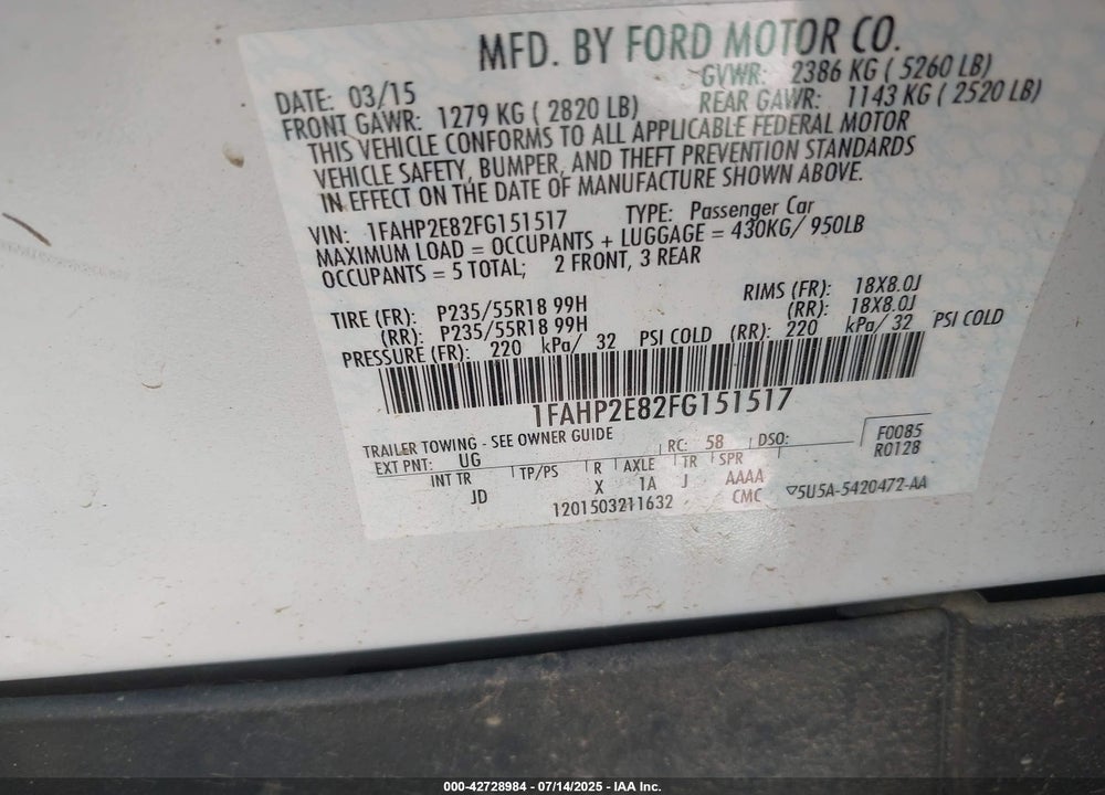 2015 FORD TAURUS VIN: 1FAHP2E82FG151517