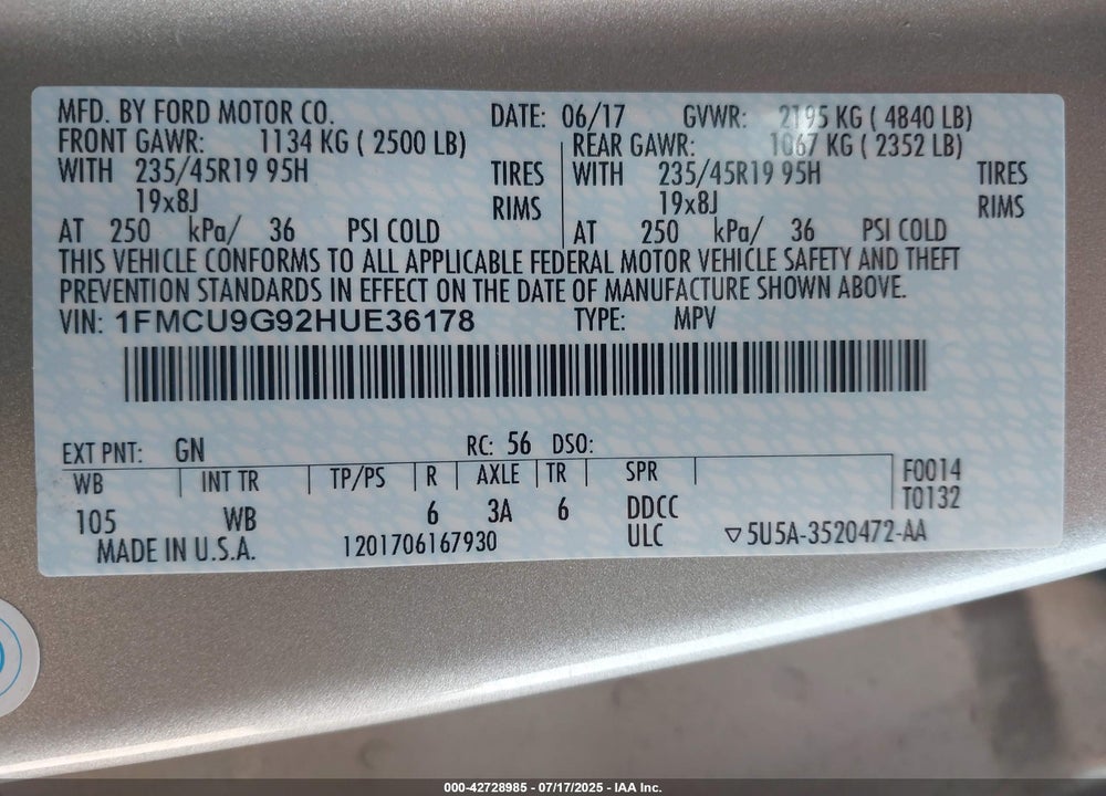 2017 FORD ESCAPE SE VIN: 1FMCU9G92HUE36178