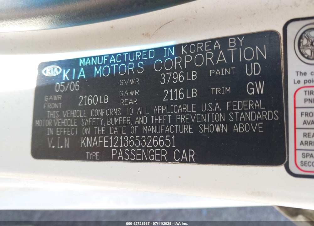 2006 KIA SPECTRA EX/LX/SX VIN: KNAFE121365326651