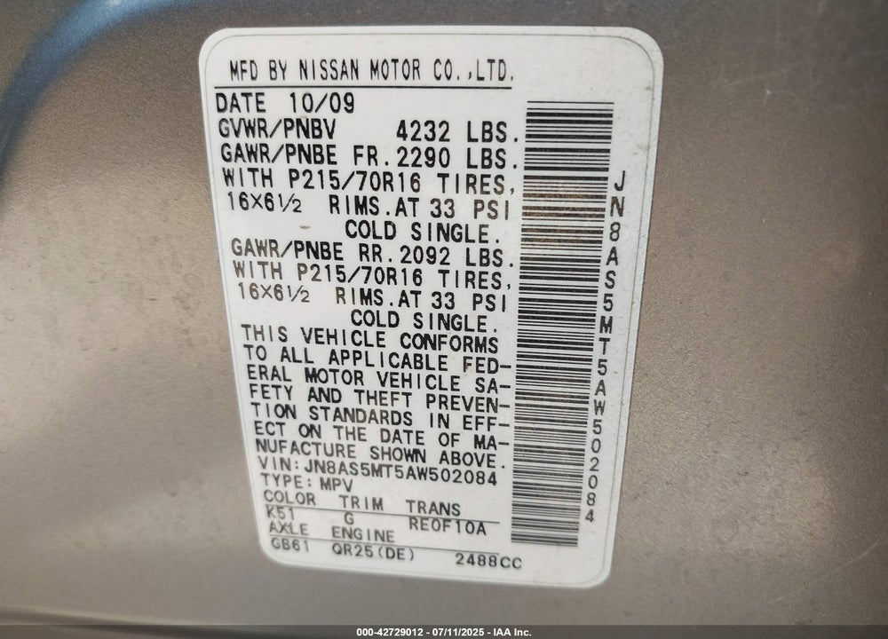 2010 NISSAN ROGUE VIN: JN8AS5MT5AW502084