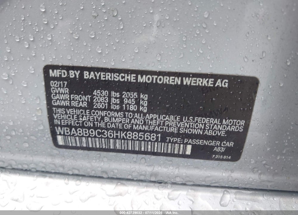 2017 BMW 3 SERIES VIN: WBA8B9C36HK885681