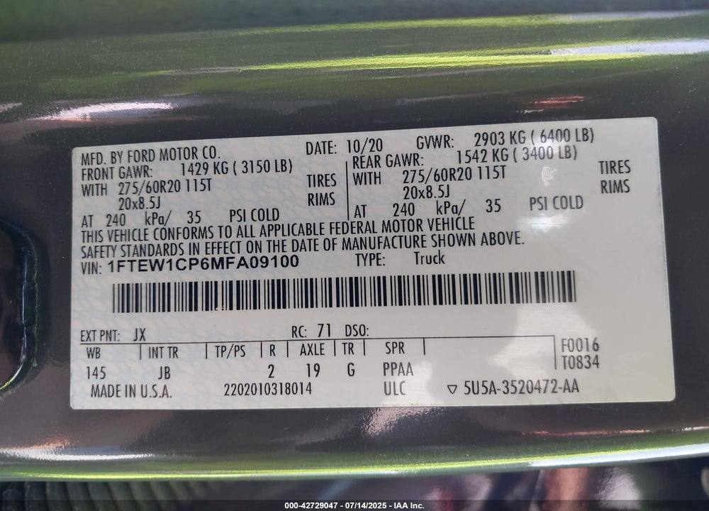 2021 FORD F-150 XL VIN: 1FTEW1CP6MFA09100