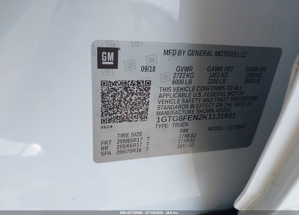 2019 GMC CANYON VIN: 1GTG6FEN2K1131951