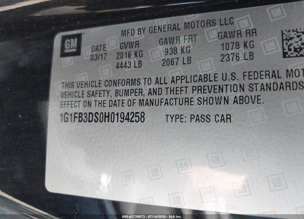 2017 CHEVROLET CAMARO 1LT VIN: 1G1FB3DS0H0194258
