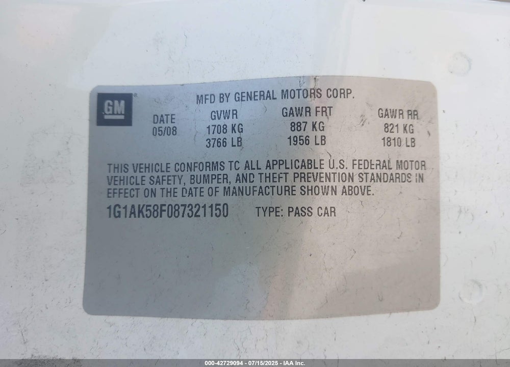 2008 CHEVROLET COBALT VIN: 1G1AK58F087321150