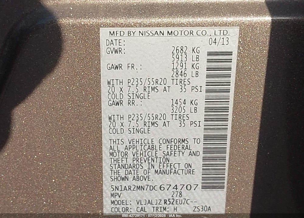 2013 NISSAN PATHFINDER VIN: 5N1AR2MN7DC674707