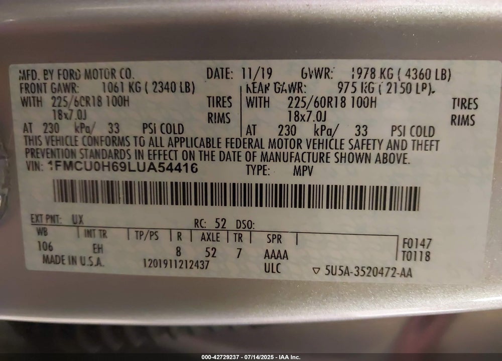 2020 FORD ESCAPE VIN: 1FMCU0H69LUA54416