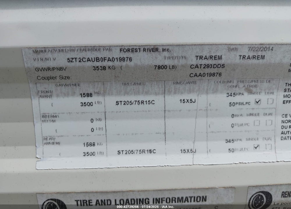 2015 COACHMEN CATALINA 31' BUMPER PULL VIN: 5ZT2CAUB0FA019876