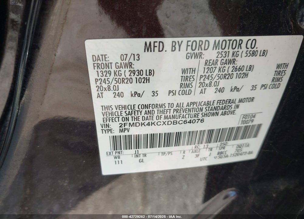 2013 FORD EDGE VIN: 2FMDK4KCXDBC64076