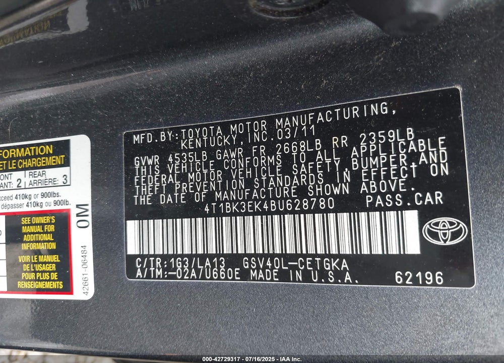 2011 TOYOTA CAMRY XLE V6 VIN: 4T1BK3EK4BU628780