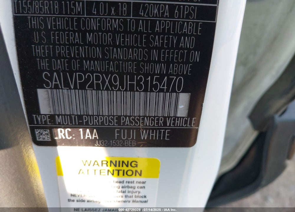 2018 LAND ROVER RANGE ROVER EVOQUE VIN: SALVP2RX9JH315470