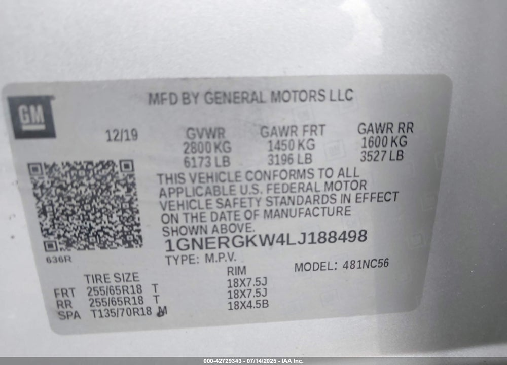 2020 CHEVROLET TRAVERSE VIN: 1GNERGKW4LJ188498