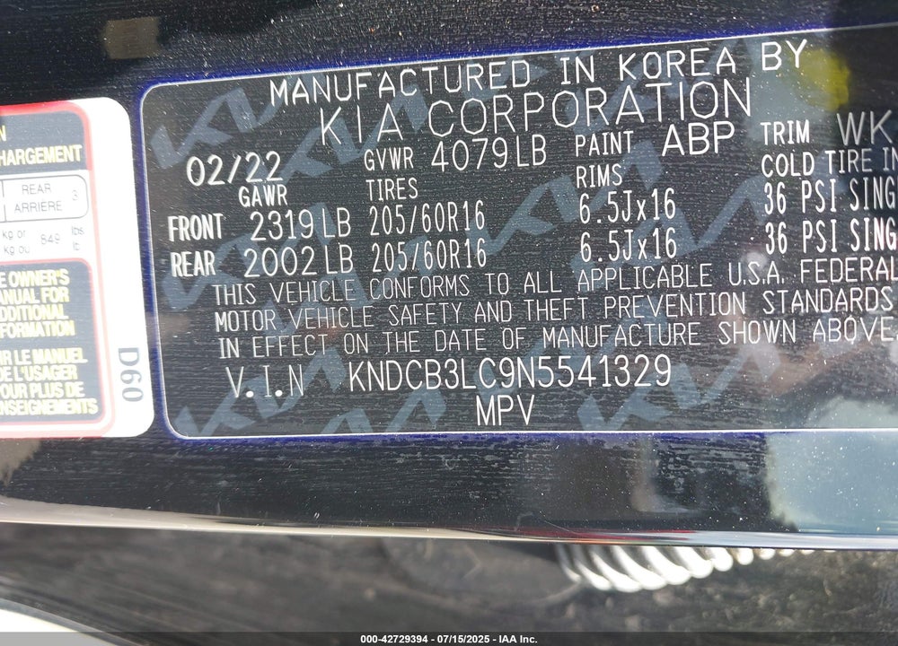2022 KIA NIRO VIN: KNDCB3LC9N5541329