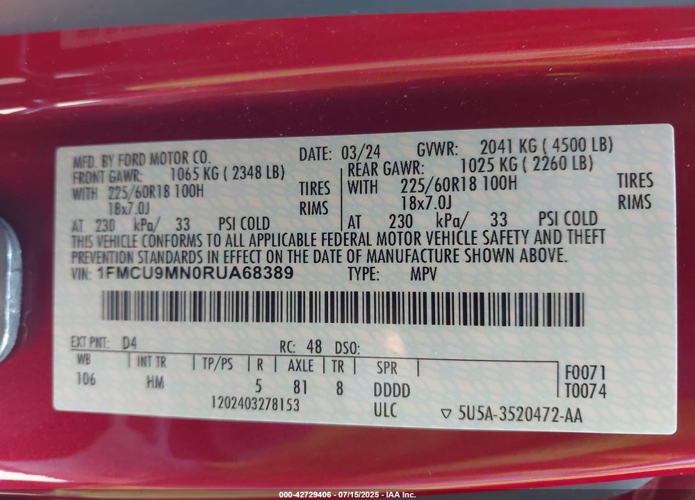 2024 FORD ESCAPE VIN: 1FMCU9MN0RUA68389