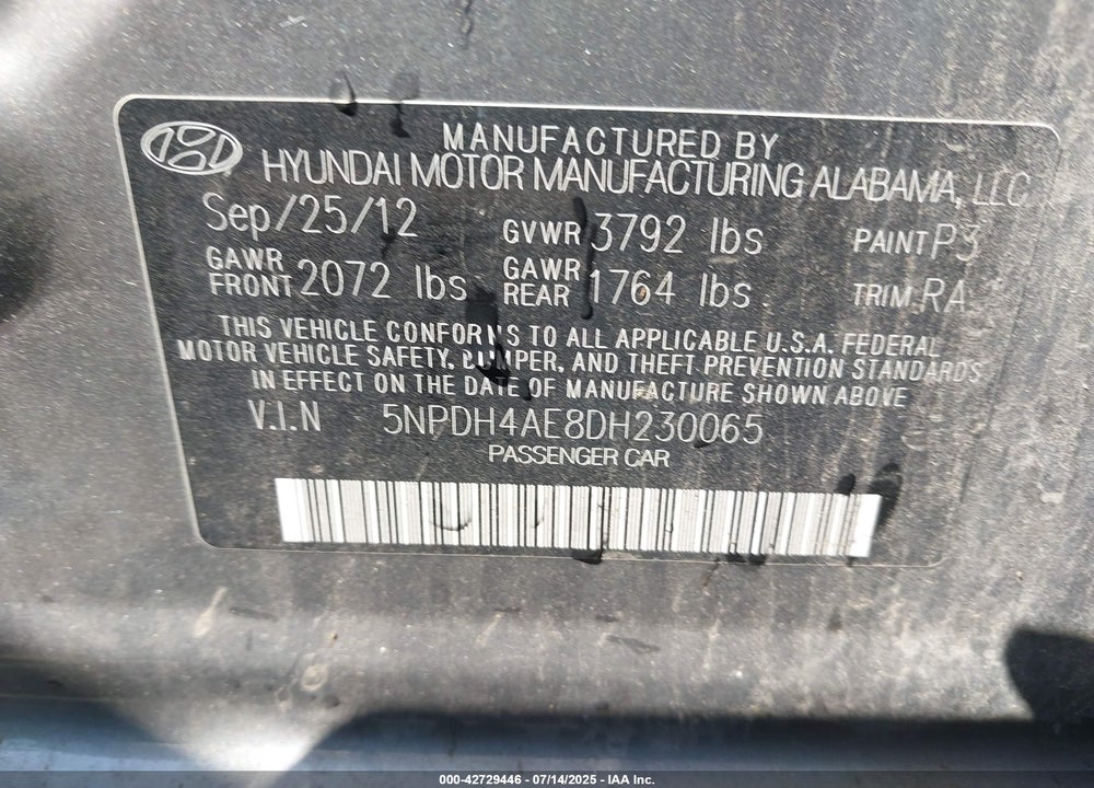 2013 HYUNDAI ELANTRA VIN: 5NPDH4AE8DH230065