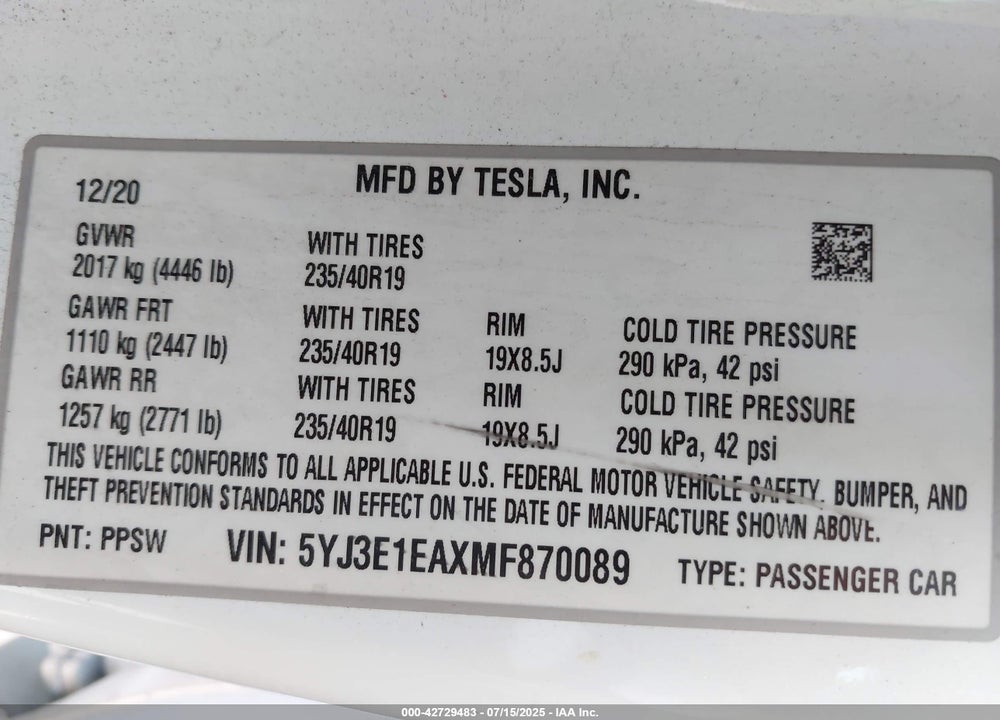 2021 TESLA MODEL 3 VIN: 5YJ3E1EAXMF870089